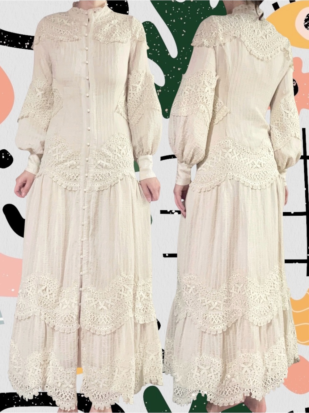Zahraa The Label | Amanda Lace Woven High Neck Button Front Maxi Dress